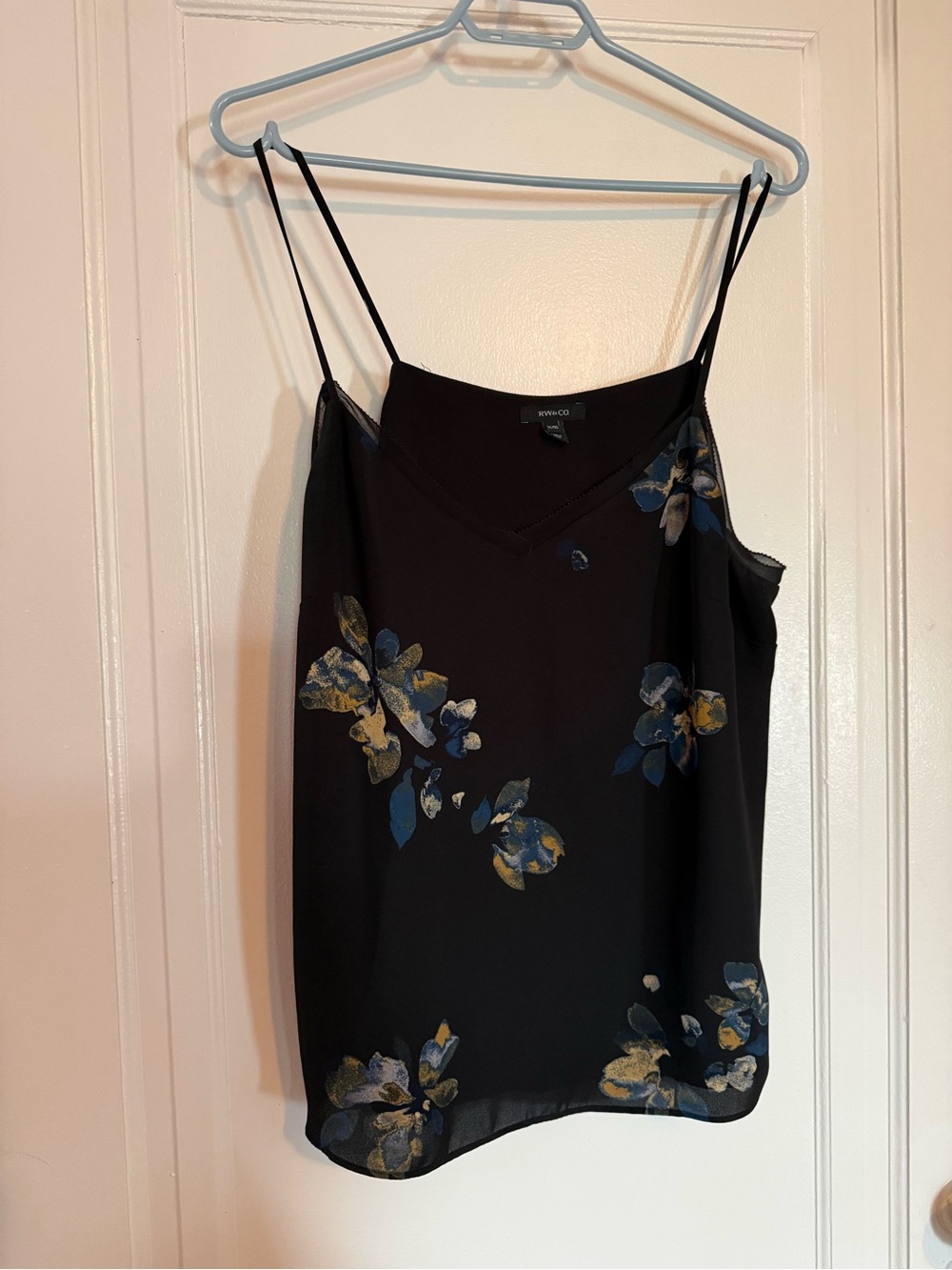 RW&CO. Black Floral V-Neck Spaghetti Strap Cami with Blue and Yellow Accents